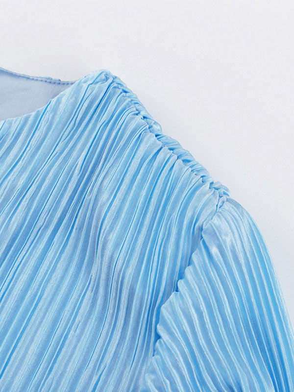 Long Sleeve Blue Pleated Midi Dress