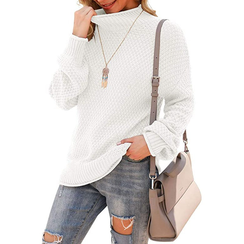 Women's sweater half turtleneck large size sweater bat long sleeve pullover loose solid color sweater