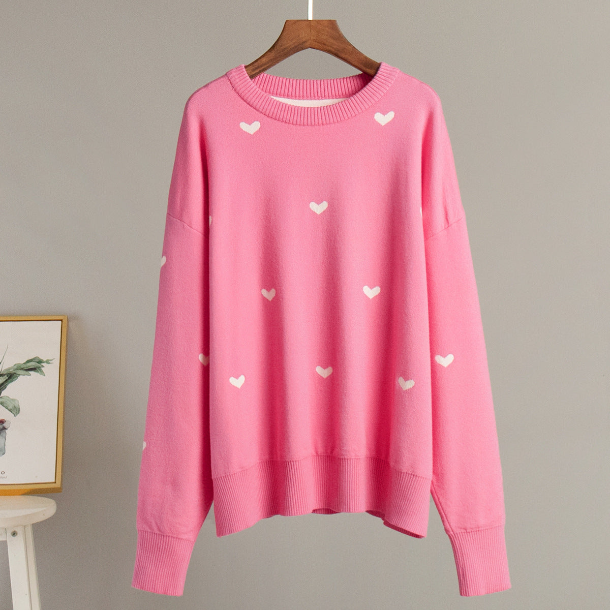 Heart printing sweater 2024 autumn and winter commute leisure round neck knitted pullover sweater women