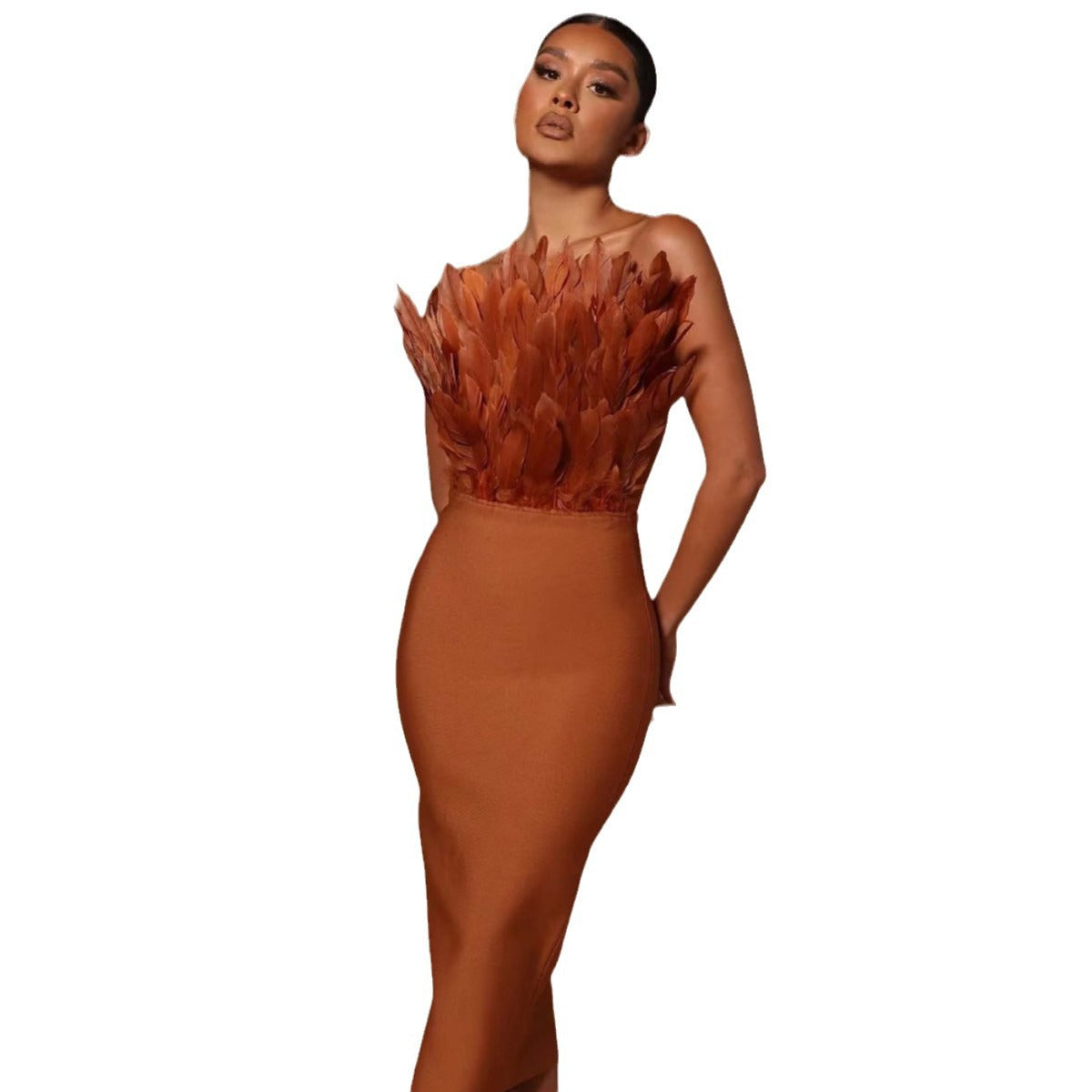 Fashion Slim Bandage Dress Women's Strapless Feather Dresses