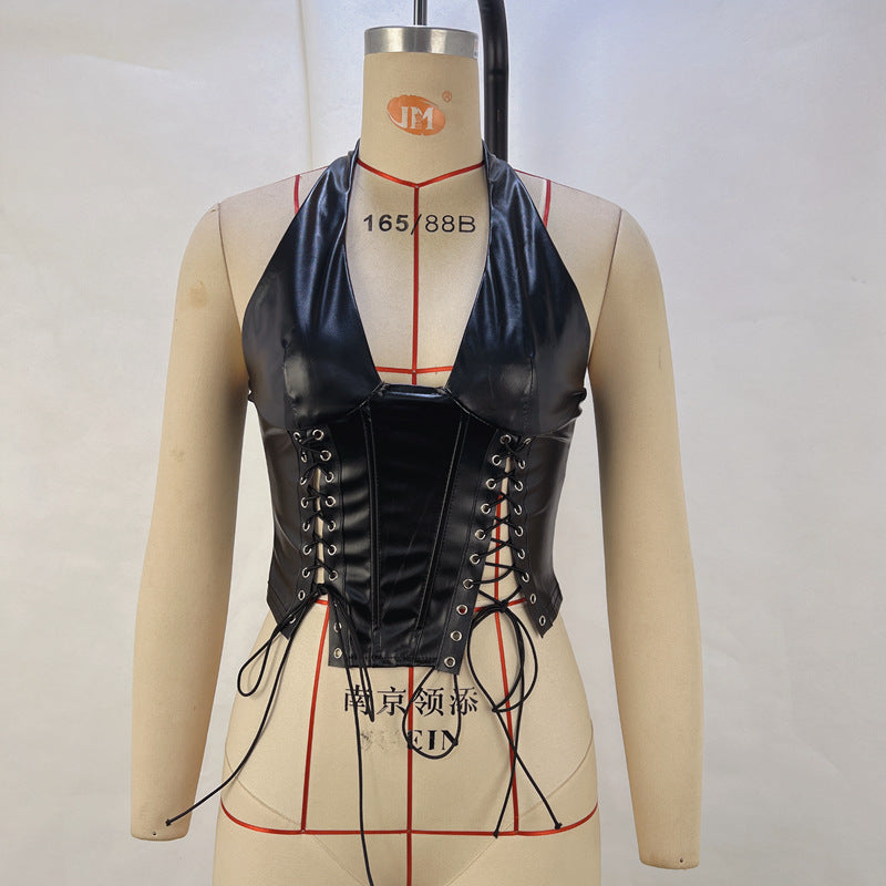 Fashion PU leather halter sexy lace-up tight waist vest women's clothing