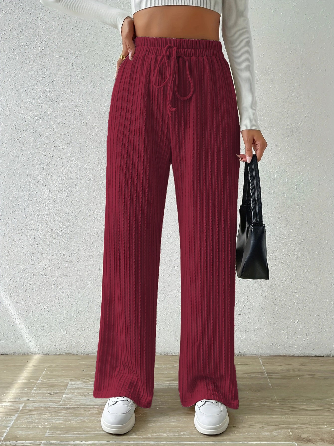 Knot Waist texture knitted wide leg trousers elastic high waist pure color casual baggy straight trousers Women's