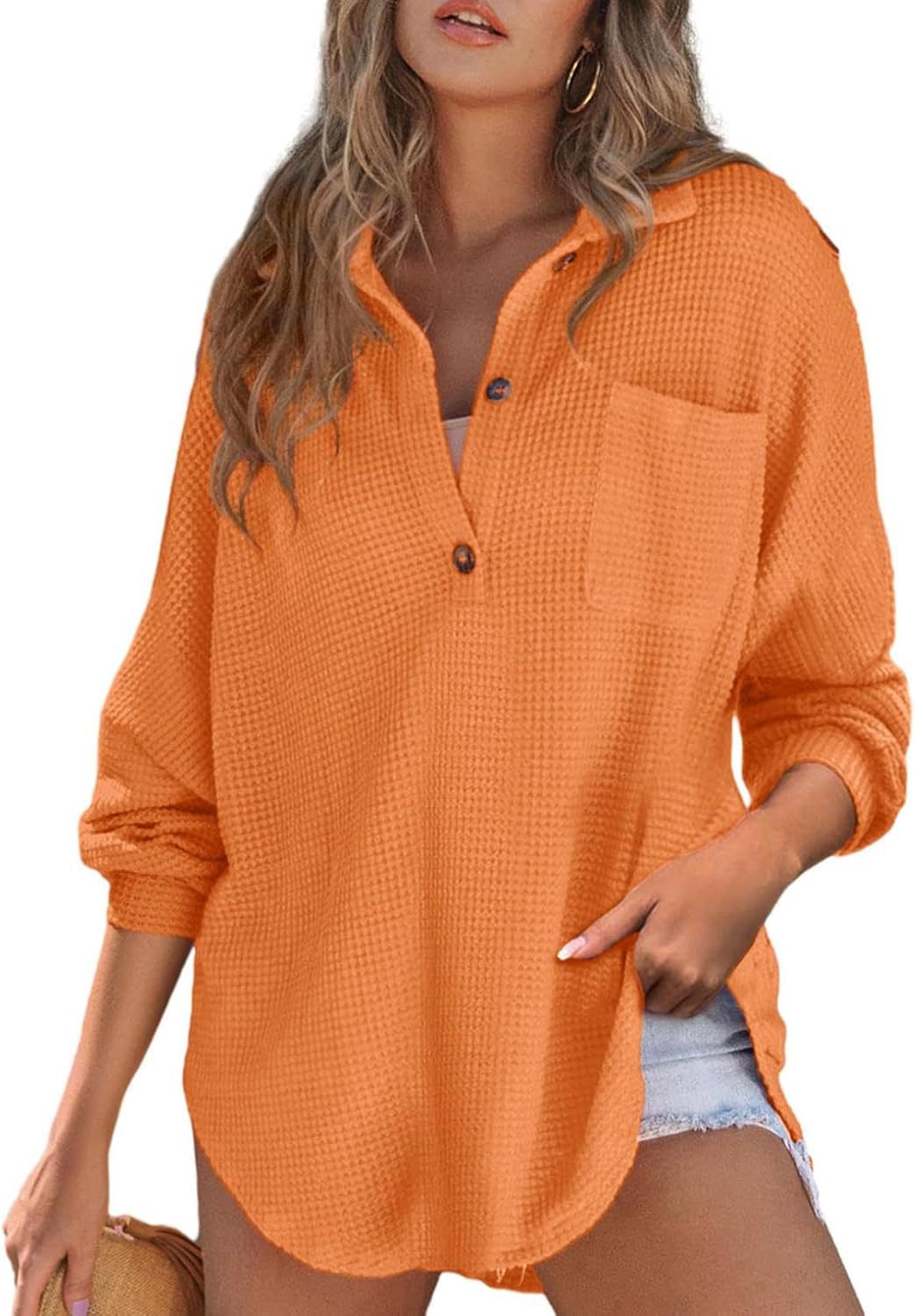 Autumn and Winter waffle knitted top polo Women's top long sleeve T-shirt