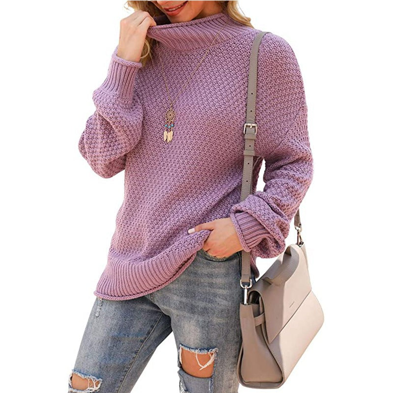Women's sweater half turtleneck large size sweater bat long sleeve pullover loose solid color sweater
