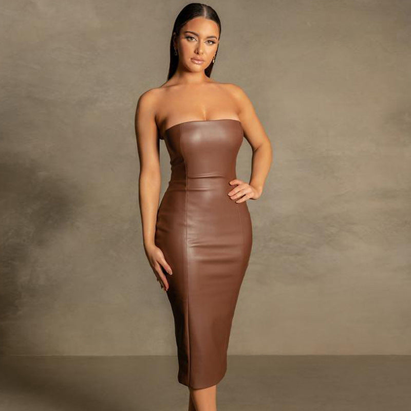 PU leather slim-fit tube top back slit sexy midi dress for women