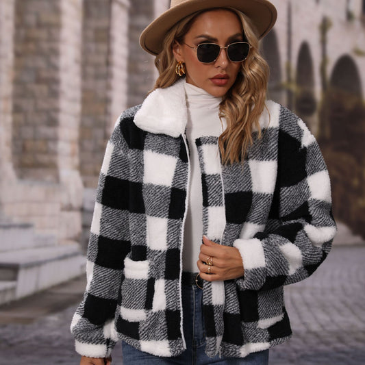 Women's autumn clothing lapel long sleeve loose zip plaid double-sided velvet casual jacket