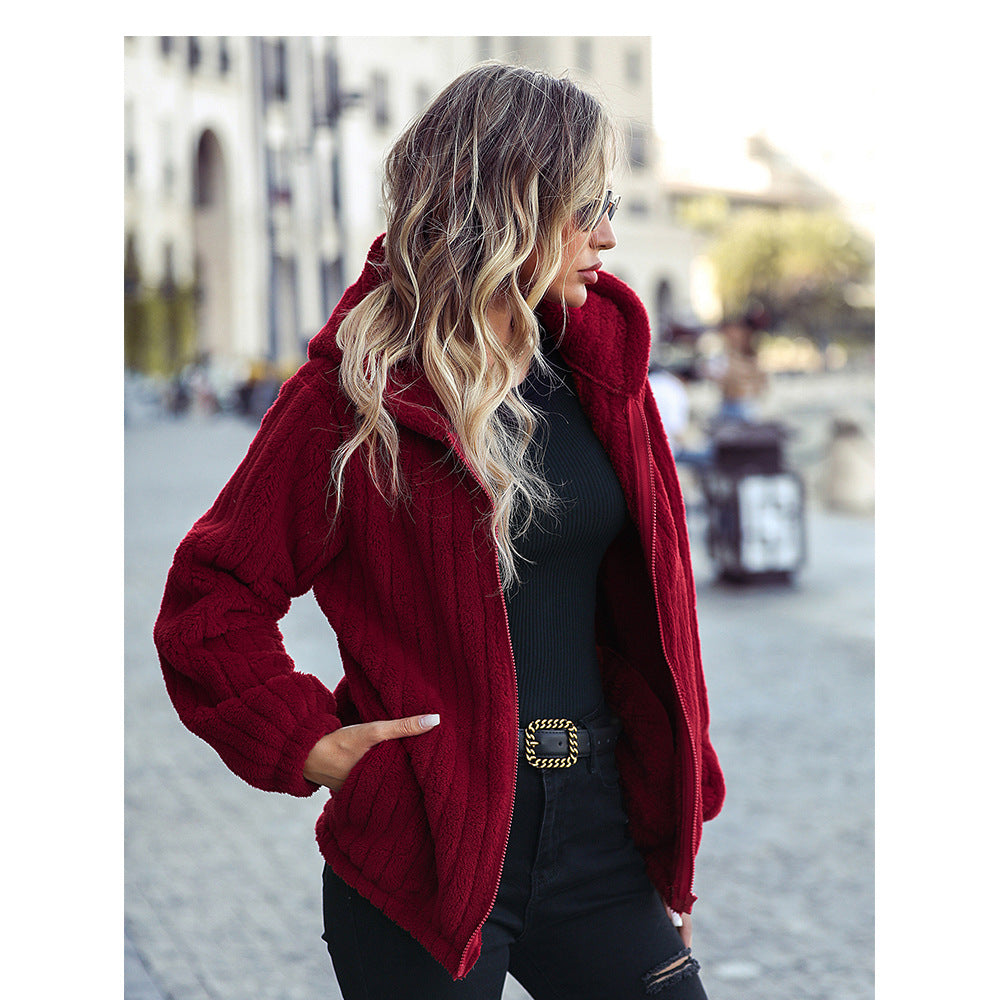 Autumn winter women's wear hooded long sleeve loose sunken stripe zipper double-sided velvet casual jacket