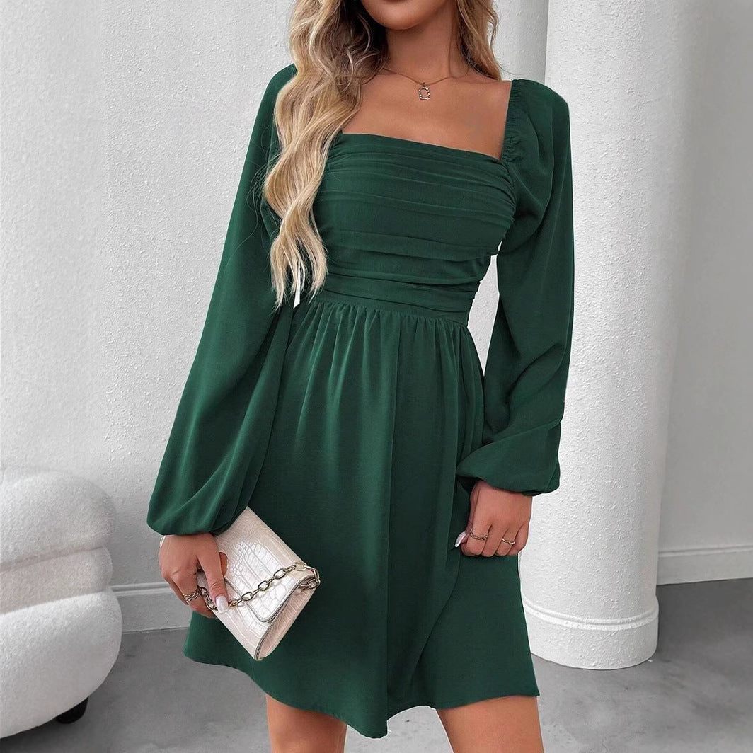 Women's Elegant Solid Color Lantern Long Sleeve Pleated High Waist Dress