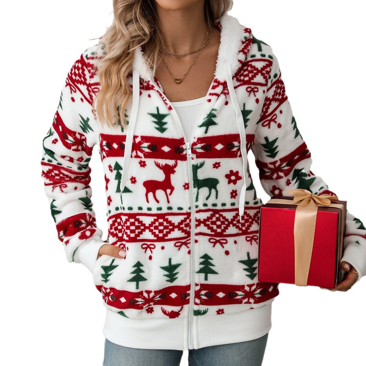 Autumn and winter women's long sleeves Cardigan Christmas printed plush coat