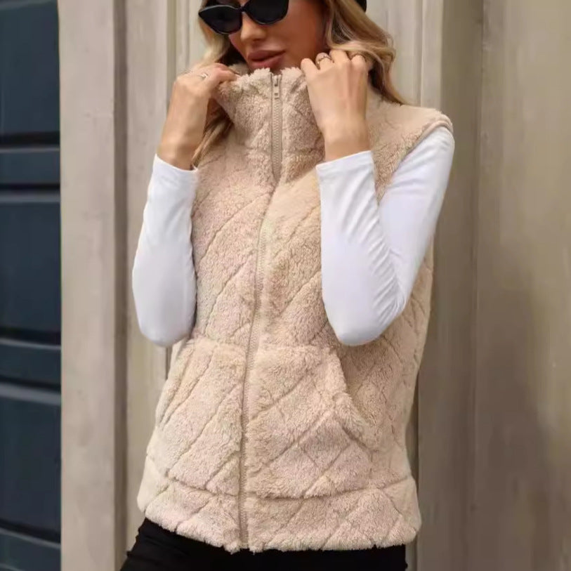 Women's clothing autumn and winter cardigan loose zip diamond lattice coat plush vest（2025）