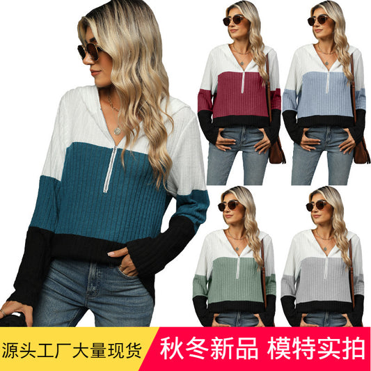 Autumn and winter New loose color contrast patchwork zipper hooded long sleeve top women