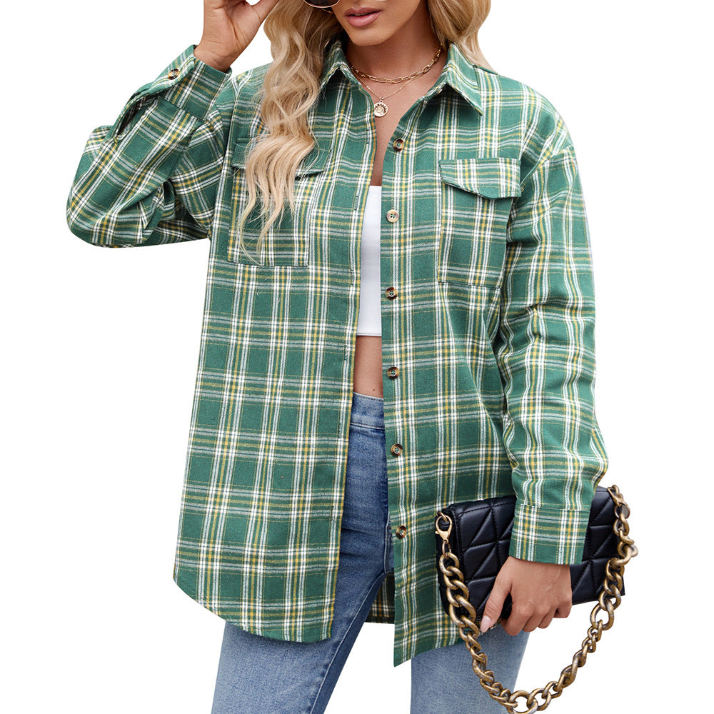 New Casual Fashion Loose Plaid Pocket Shirt Women