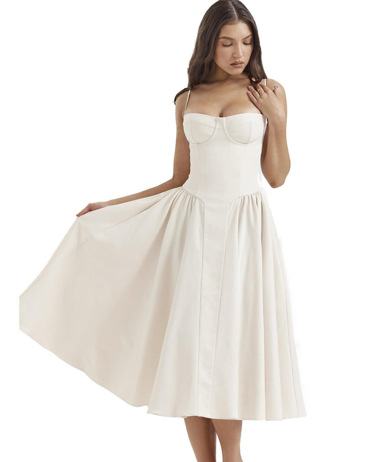 Summer new French retro long dress court style dopamine wear with suspender dress