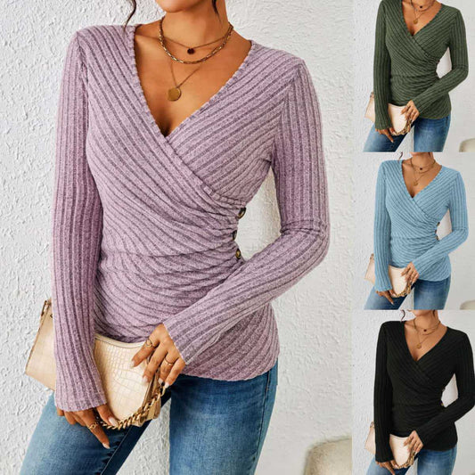 Spring and Autumn new solid color and V-neck casual long-sleeved women's top