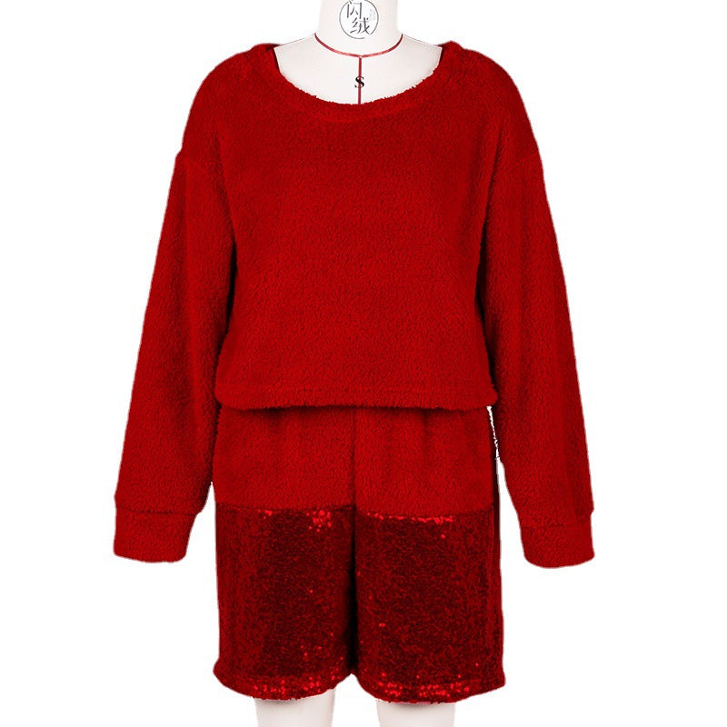 Women's two-piece set Christmas pullover pure color sequins stitching double-sided plush fashion suit