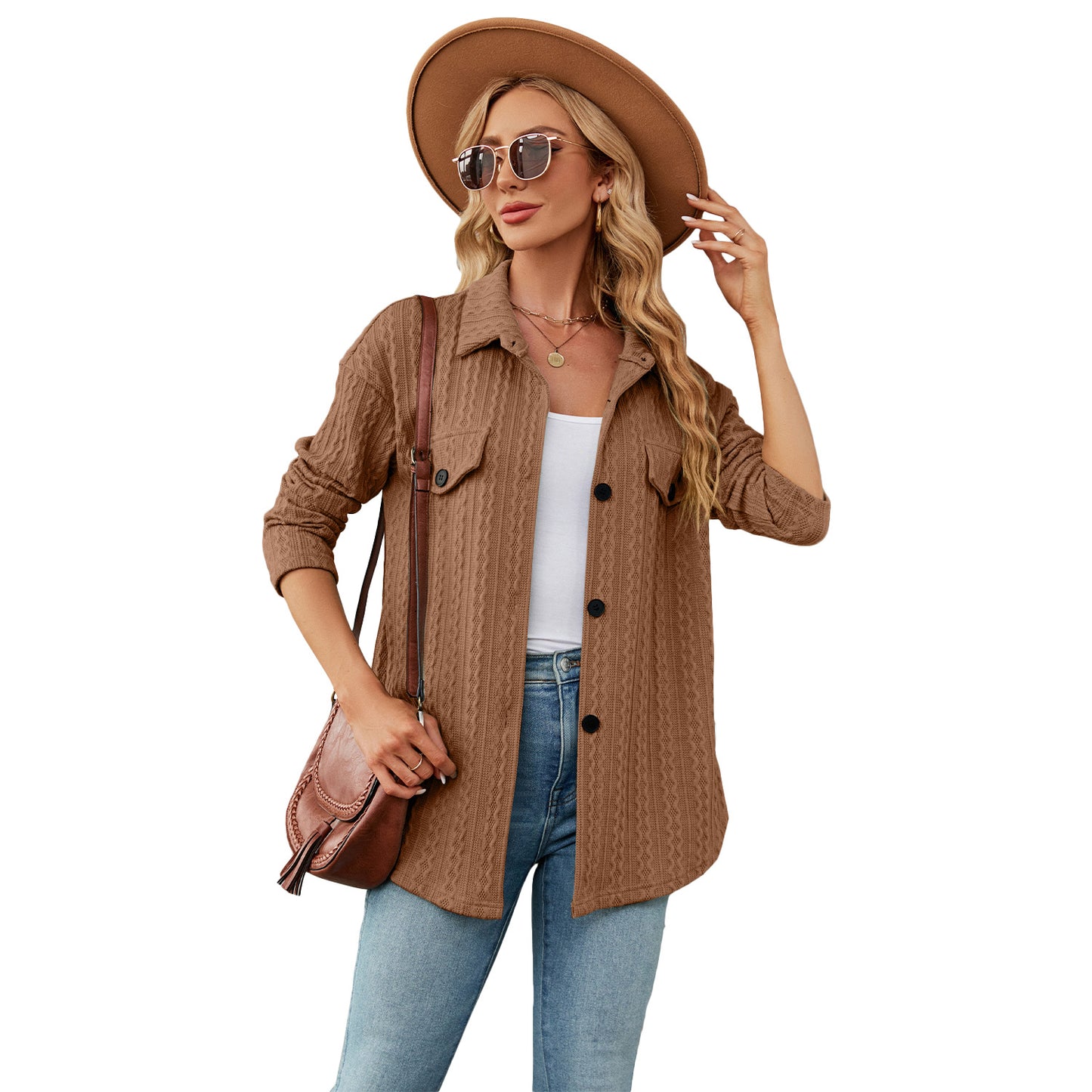 Shirt coat women 2024 autumn and winter three-dimensional jacquard long sleeve single-breasted baggy casual jacket