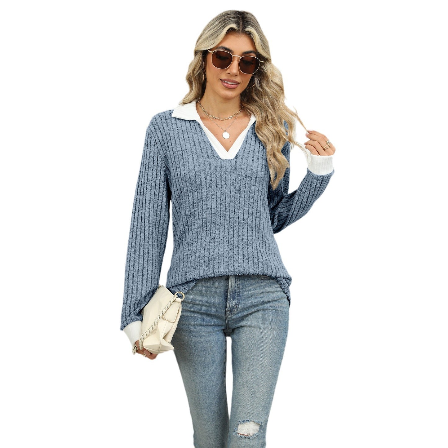 2024 autumn and winter New color stitching turnover neck long sleeve loose-fitting T-shirt top women