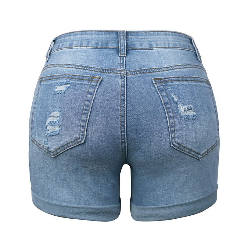 Ripped high elastic denim shorts for women