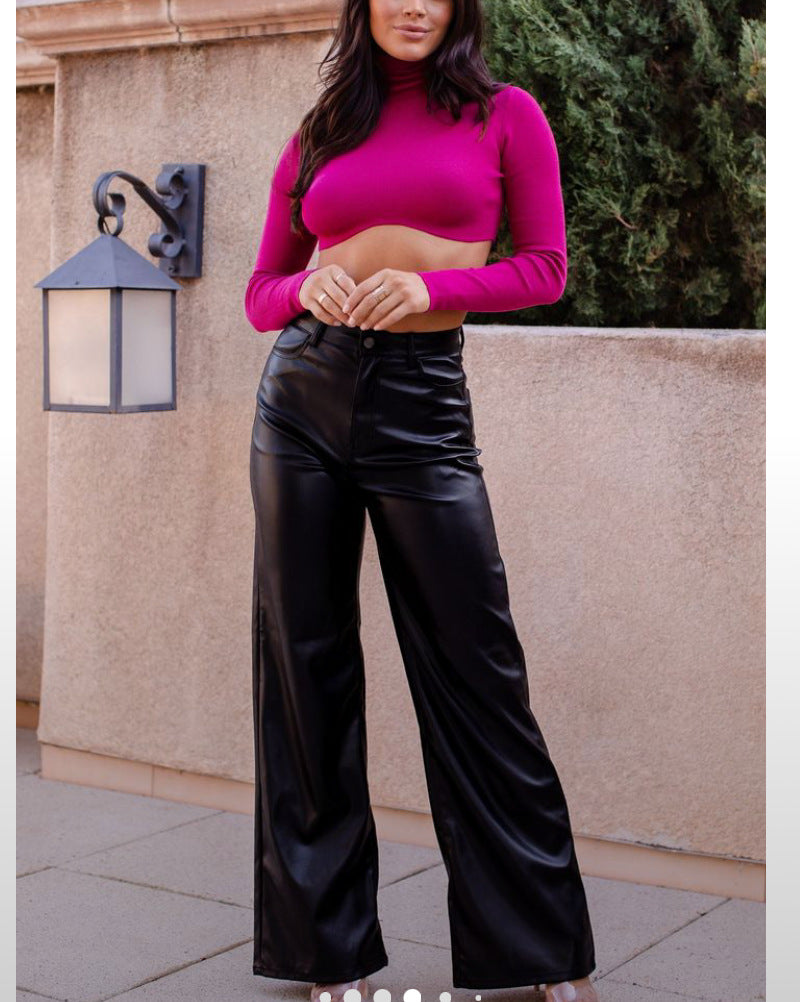 Women's leather pants high waist straight casual pants slimming retro trousers loose wide leg autumn and winter