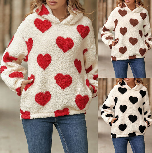 Autumn and Winter plush hooded love printed pullover sweatshirt women