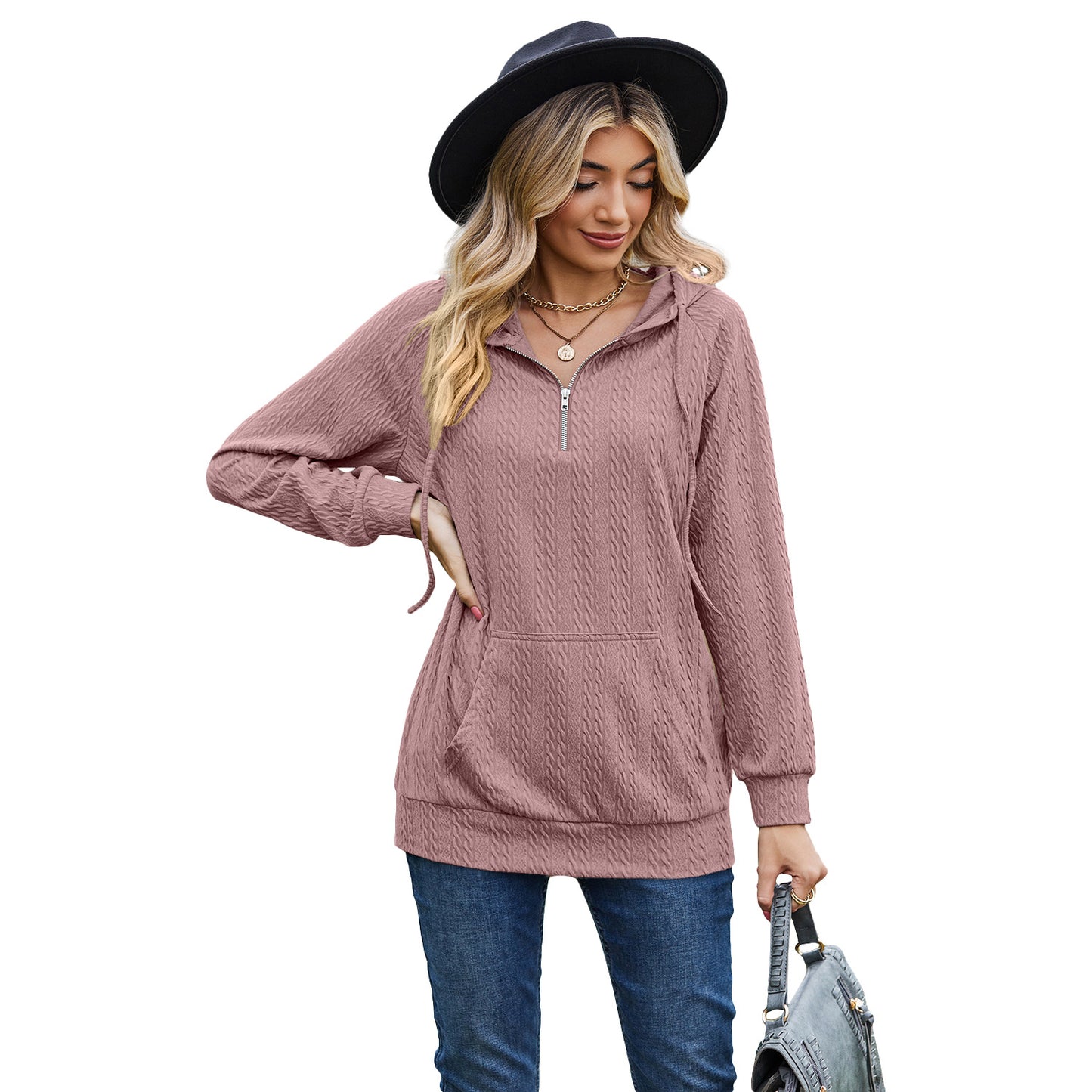 Autumn and Winter solid color hooded zipper loose long sleeve sweatershirt women