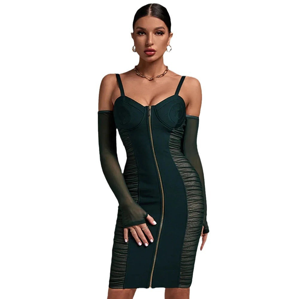 Mesh See-Through Off Shoulder Spaghetti Hollow Out Tied Pleated Dress