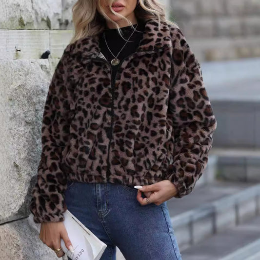 Women's autumn and winter New loose zip long-sleeved leopard plush coat