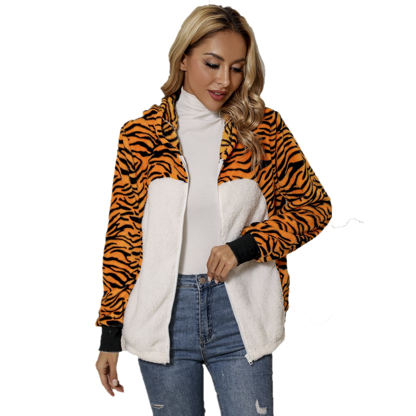 Autumn winter women's wear hooded long sleeve loose zip animal pattern flannel casual coat