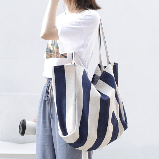 Retro literary handbag simple small fresh striped canvas bag casual fashion large capacity shoulder women's bag