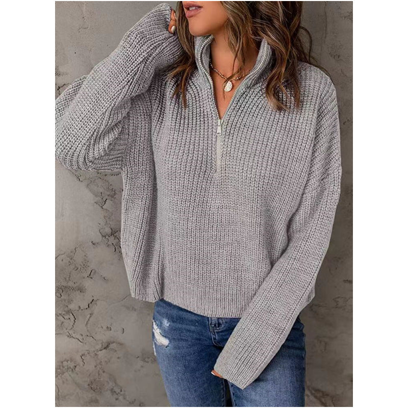 Autumn and winter sweater half-open collar solid color zipper pullover fashion women's knitted blouse