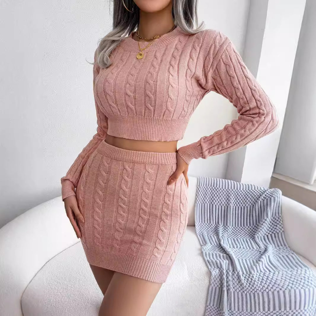 Casual twist off-the-navel sweater hip skirt knitted suit