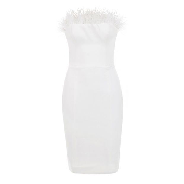 Women's Fluffy Feather Strapless White Bandage Evening Dress