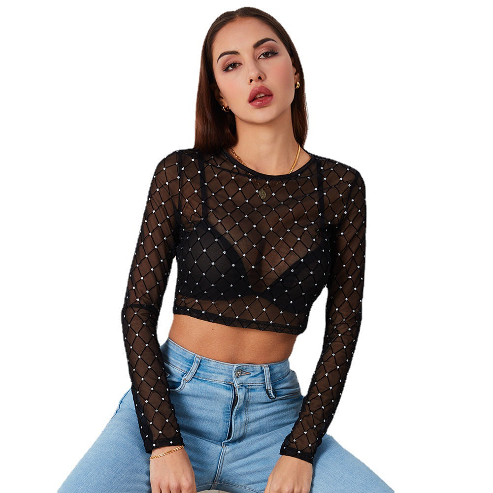 Lady Short Dot Mesh Top Sexy See-Through Long-Sleeve T-Shirt