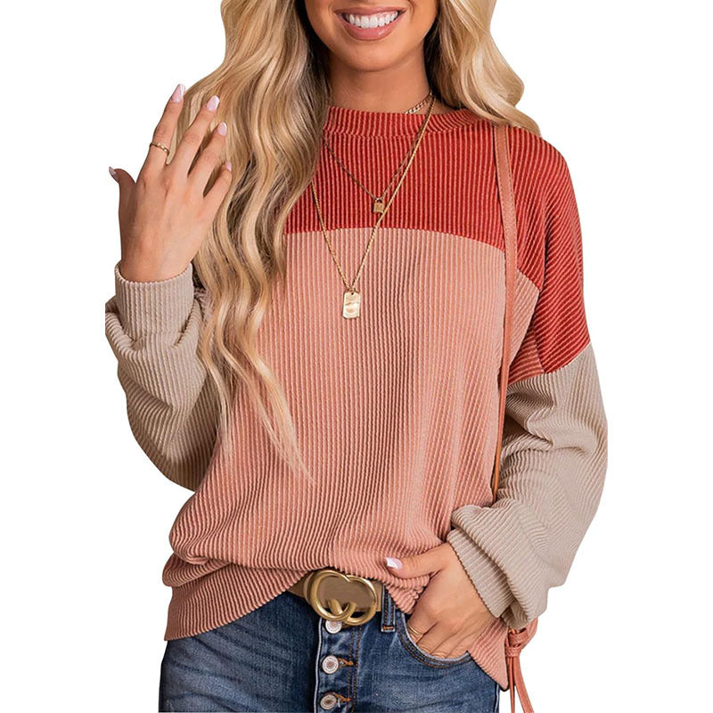 New independent station Europe and America cross border women's clothing color matching casual loose sweater pullover top T-shirt