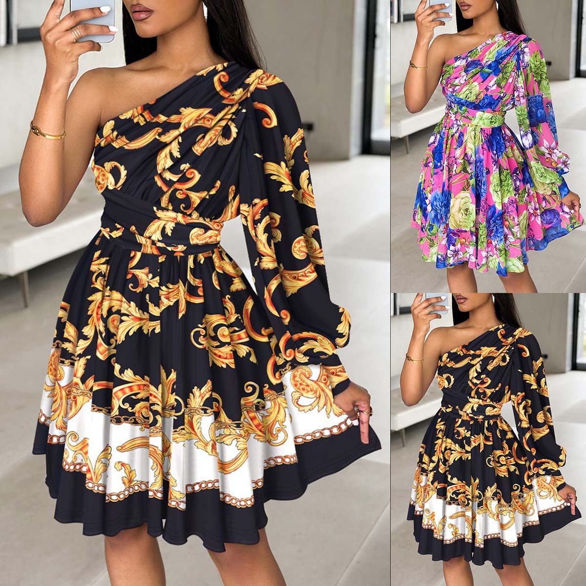 Bohemian print slanted shoulder long-sleeved mid-dress dress