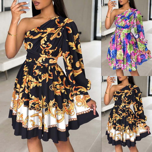 Bohemian print slanted shoulder long-sleeved mid-dress dress
