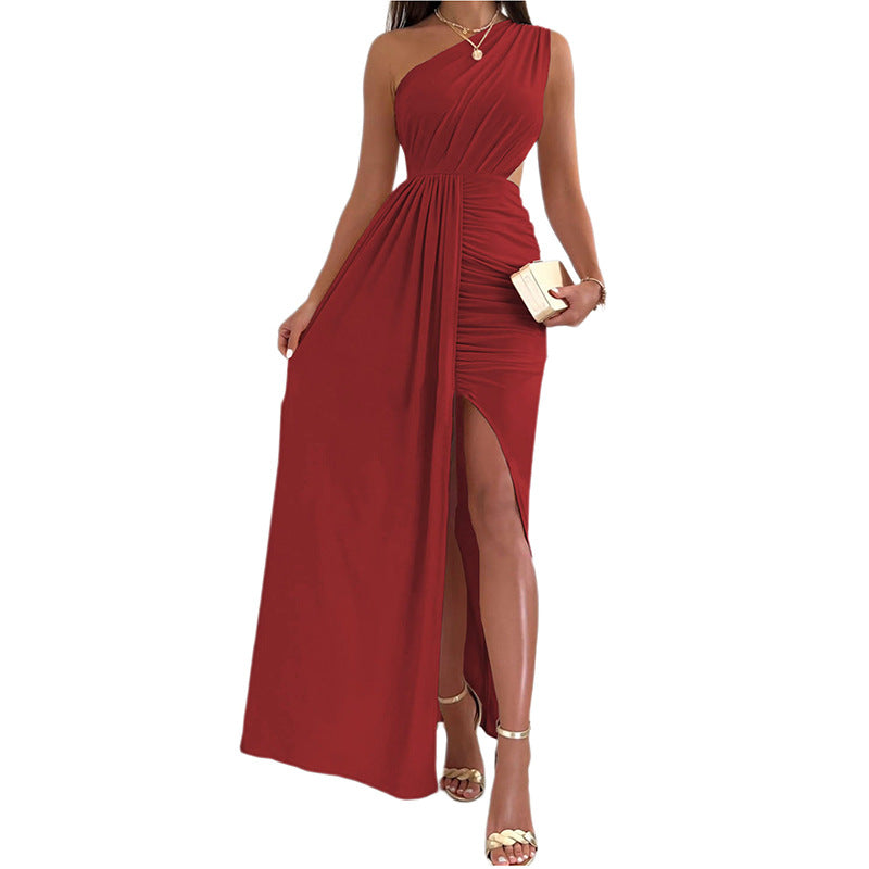 Solid color dress skirt European and American elegant style single shoulder hollow pleated split waist skirt