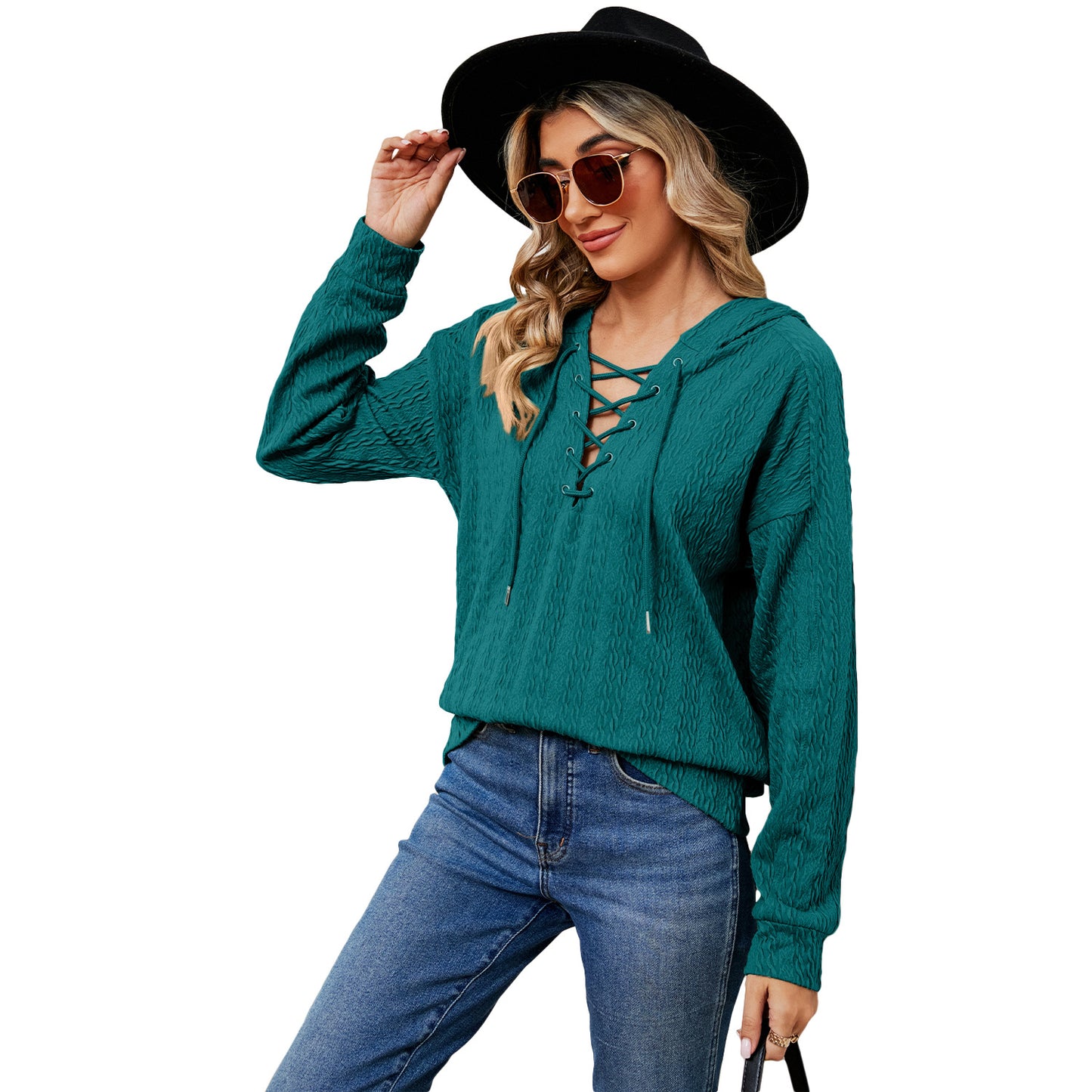 Solid color hooded sweater women's autumn and winter neckline tied long sleeves top