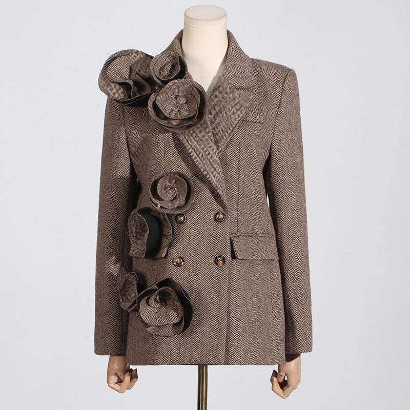 Autumn 2024 New Commuter Style Handmade Three-dimensional Flower Decoration Stitching Double-breasted Women's Suit Jacket