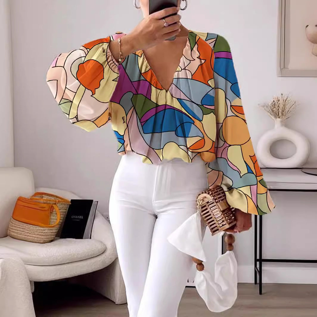 Printed V-neck long sleeve shirt elegant women's loose solid color top