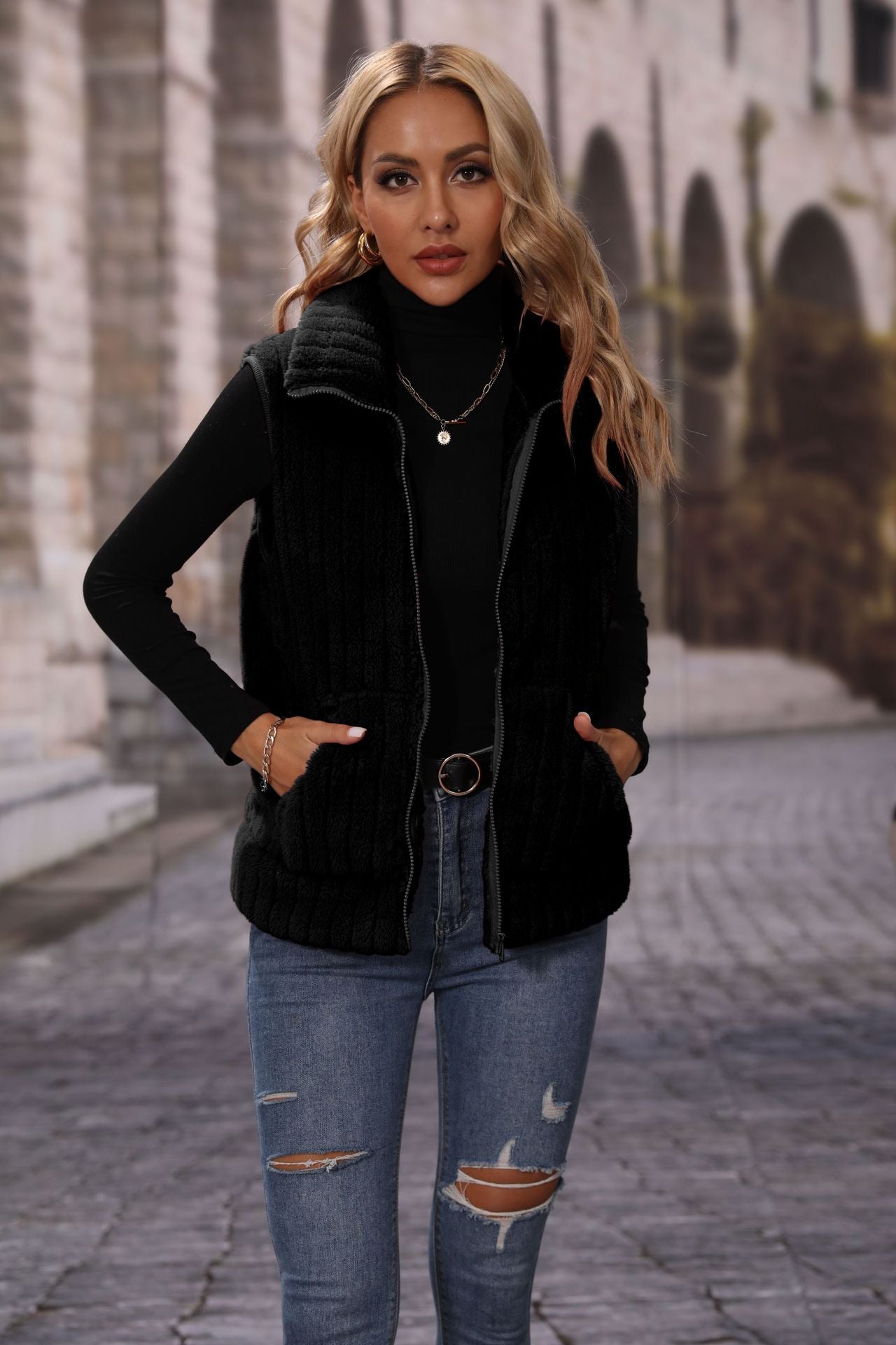 Women's autumn clothing lapel sleeveless loose striped zipper plush casual vest coat