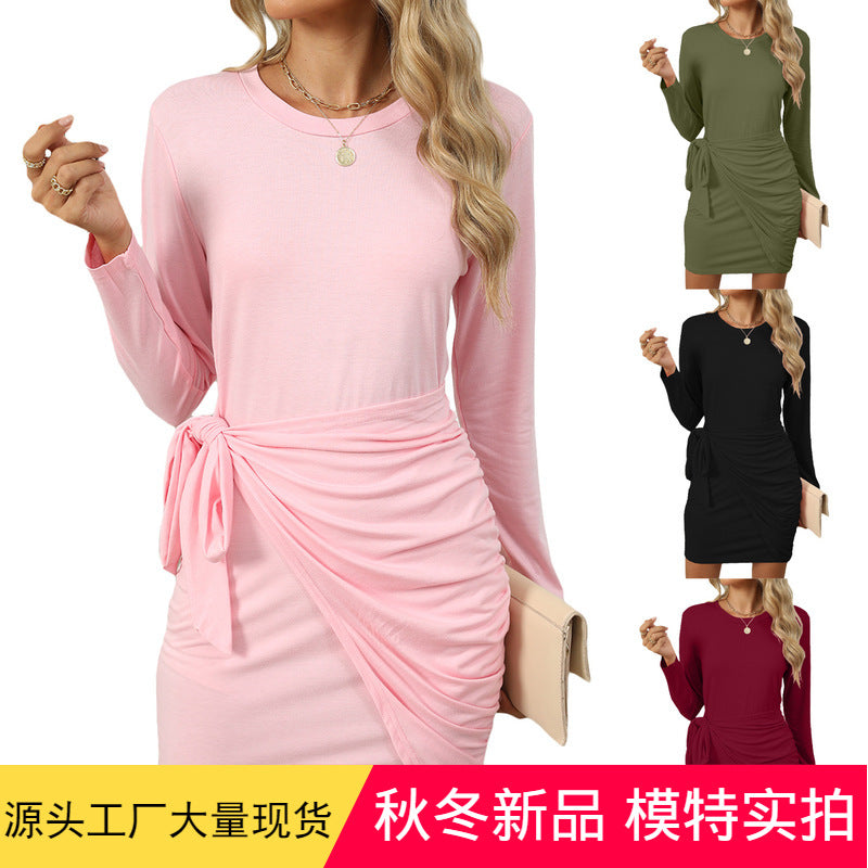 Women's 2024 autumn and winter round neck belt knotted long sleeve pure color tight dress