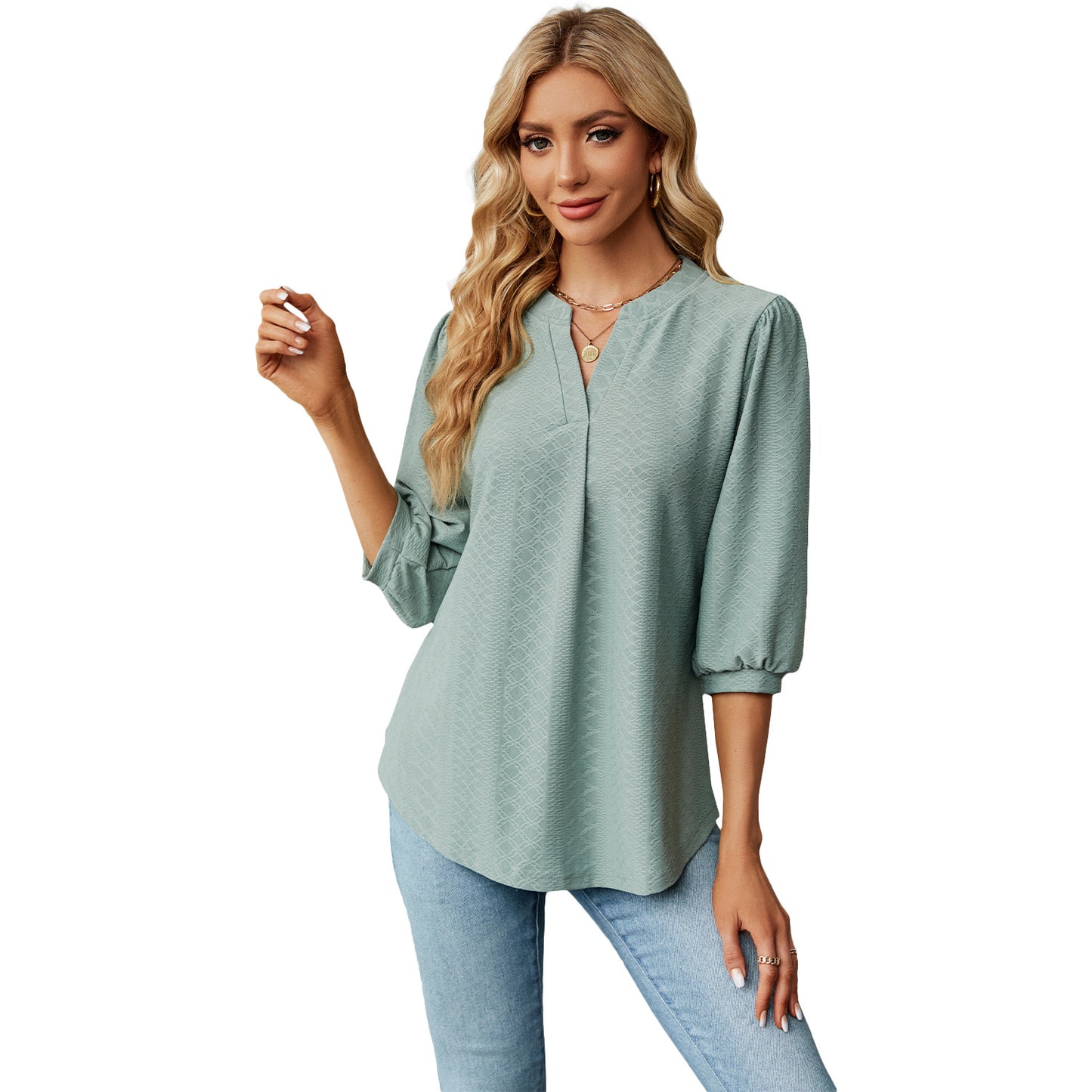 Autumn and Winter new solid color and V-neck jacquard 3/4 sleeve loose-fitting T-shirt top women