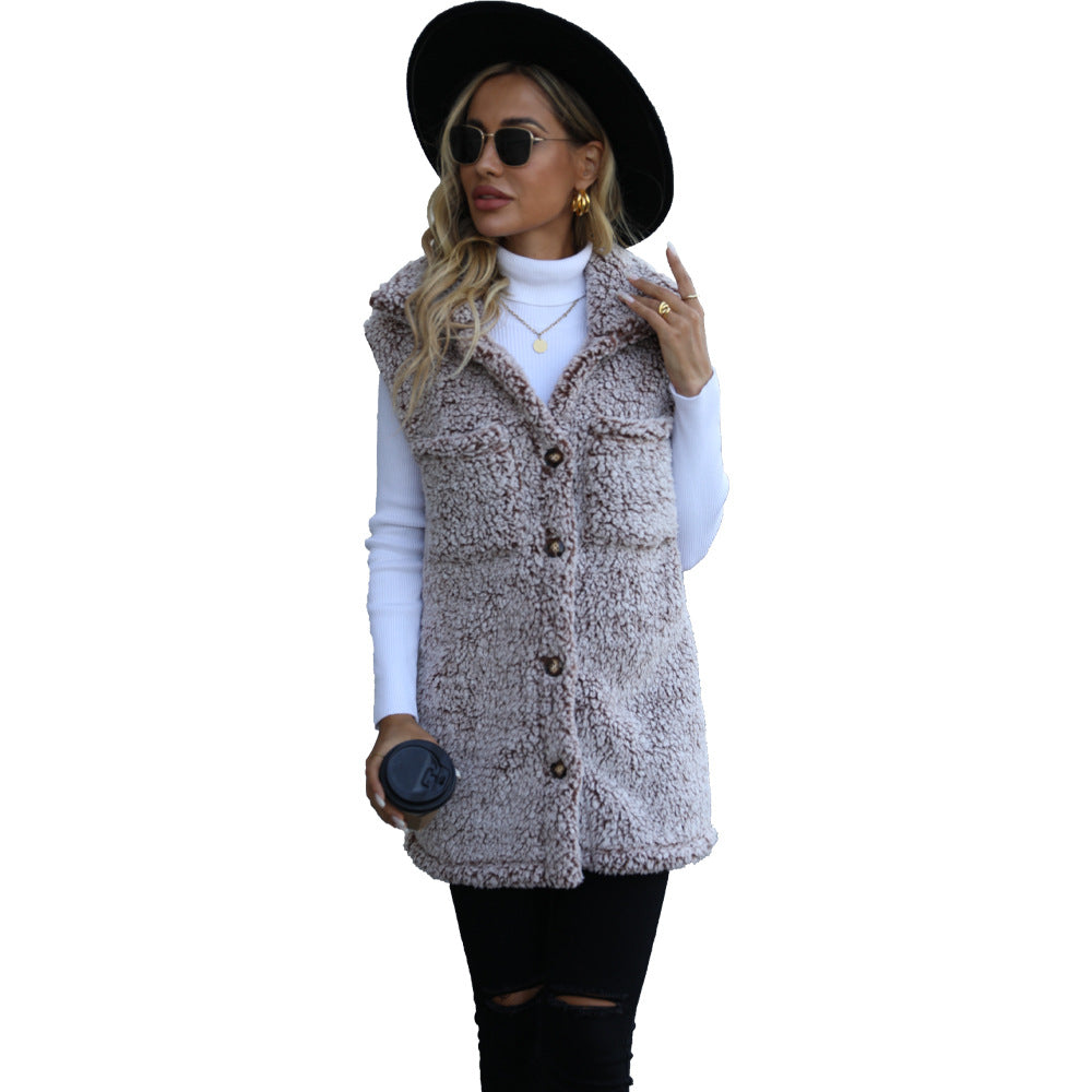 Women's autumn and winter lapel sleeveless long loose casual faded bubble velvet cardigan vest