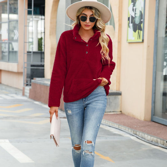 Casual autumn women's round neck long sleeve pullover non-ironing solid color mid-length double-sided velvet loose sweater