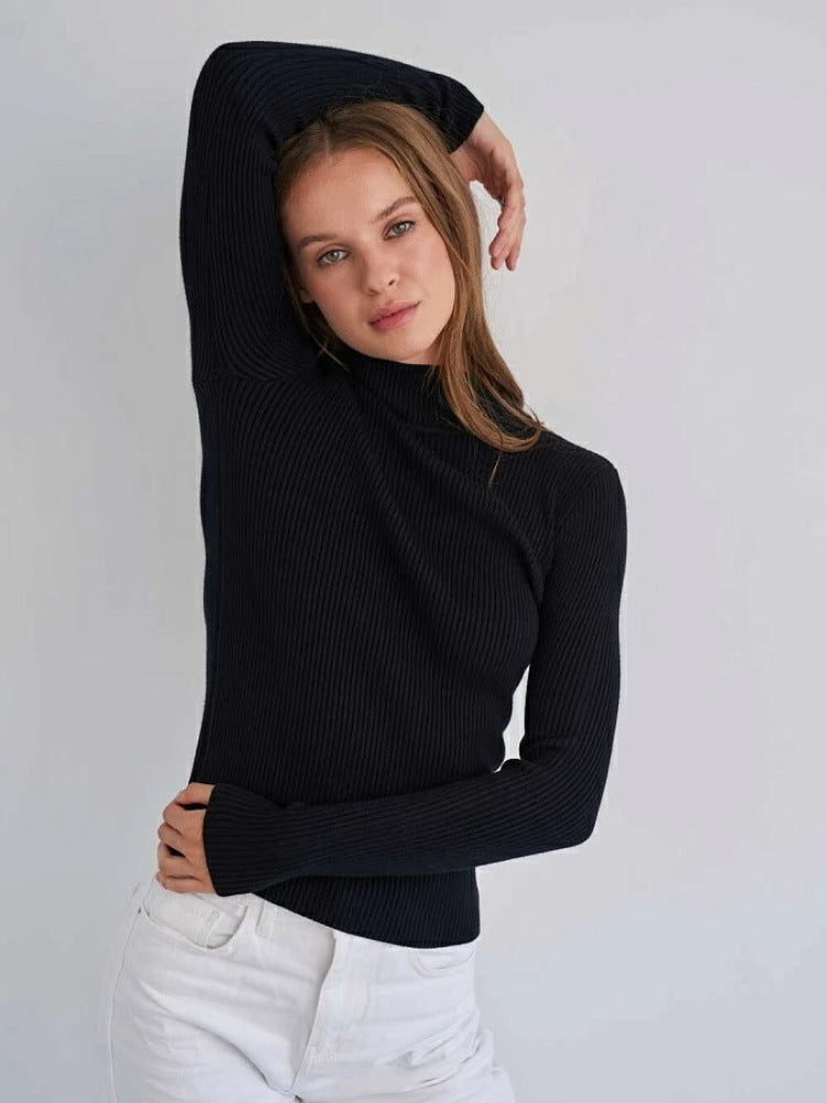 Pure Color half collar sweater European and American 2024 autumn and winter women's slim knit bottoming shirt