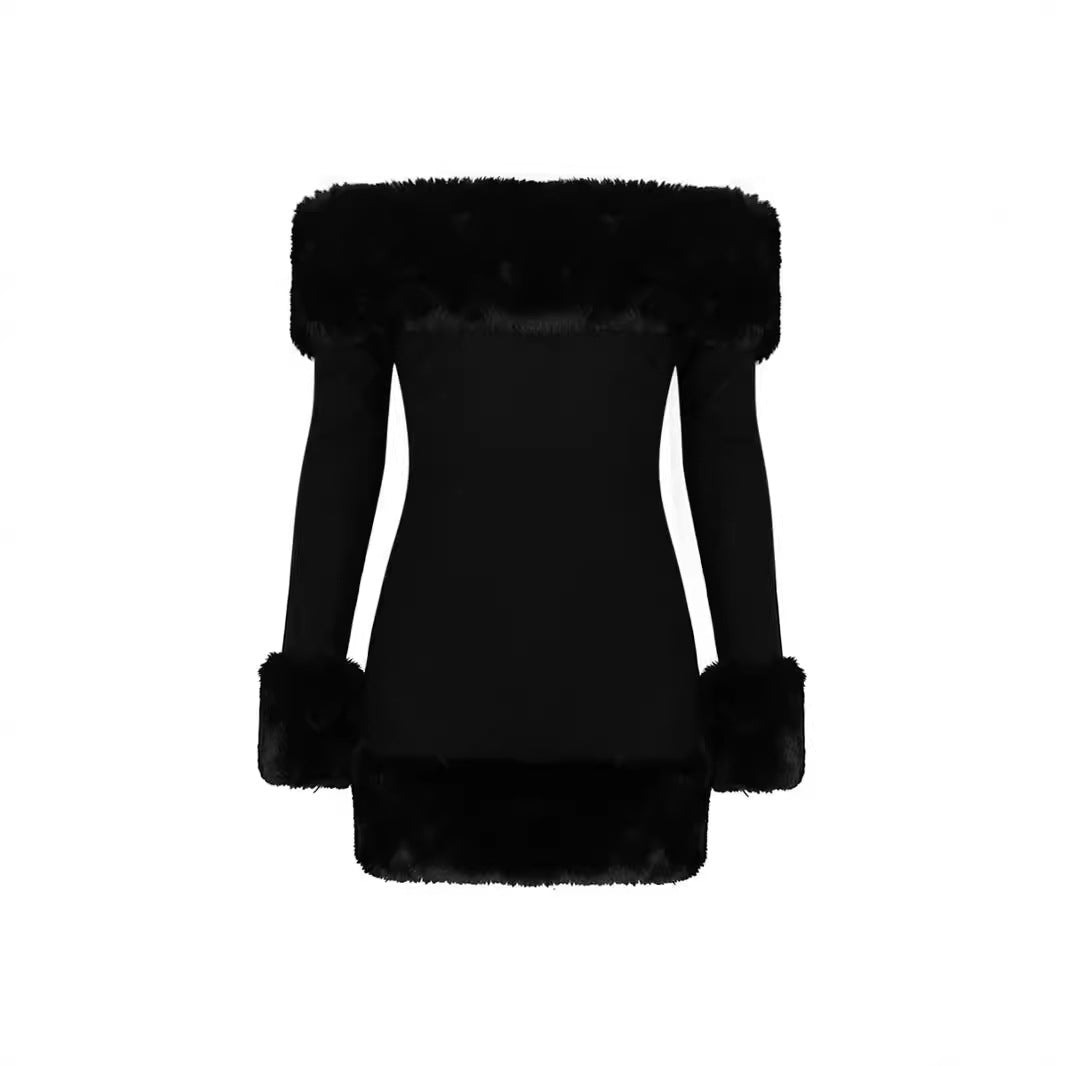 Black Plush Long Sleeve Off-Shoulder Dress Autumn Winter Backless Bodycon