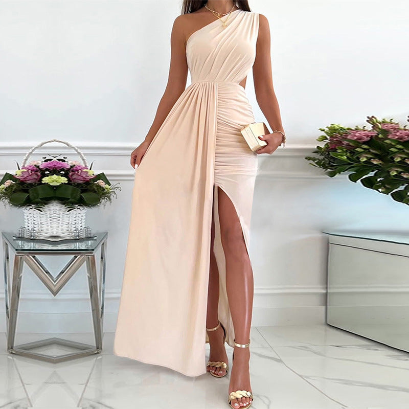 Solid color dress skirt European and American elegant style single shoulder hollow pleated split waist skirt