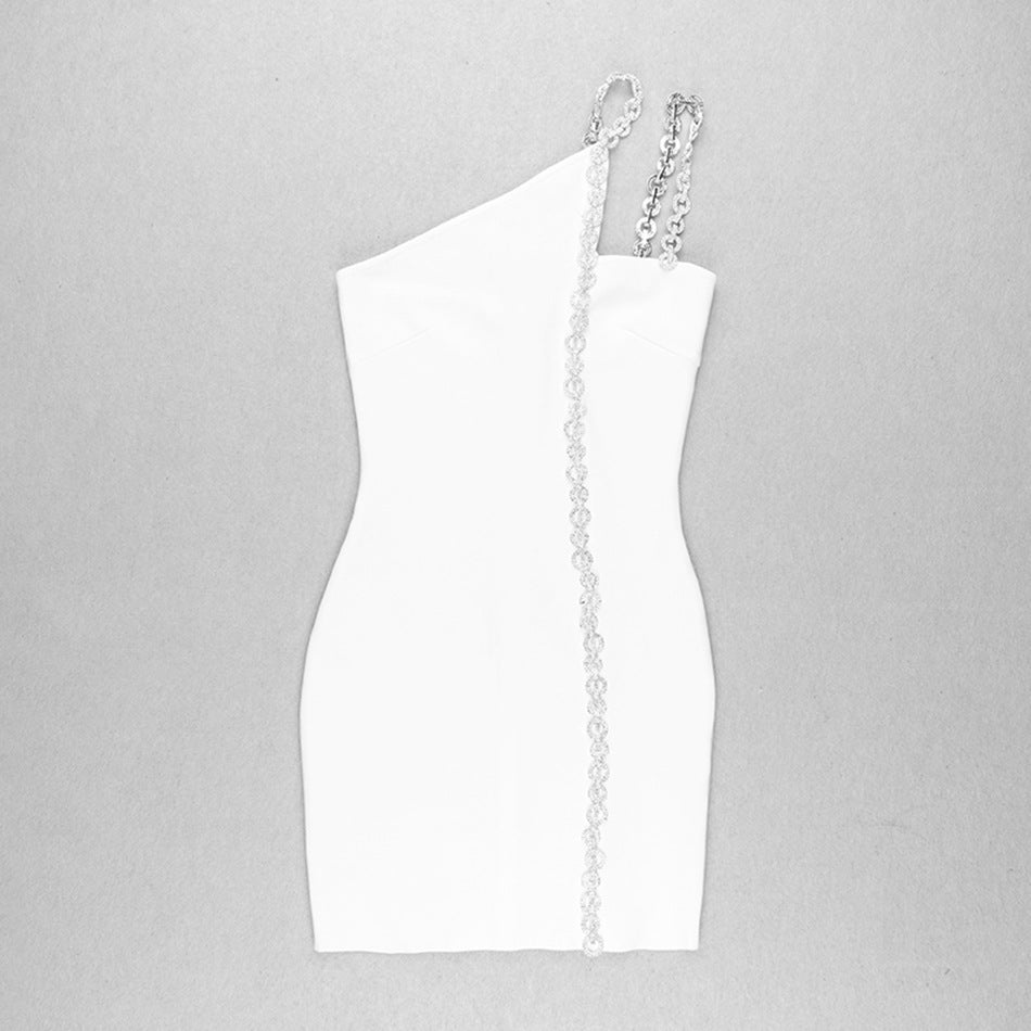 Women's nightclub sexy elegant one-shoulder Diamond-embedded long chain hanging shoulder Mini bandage one-piece dress