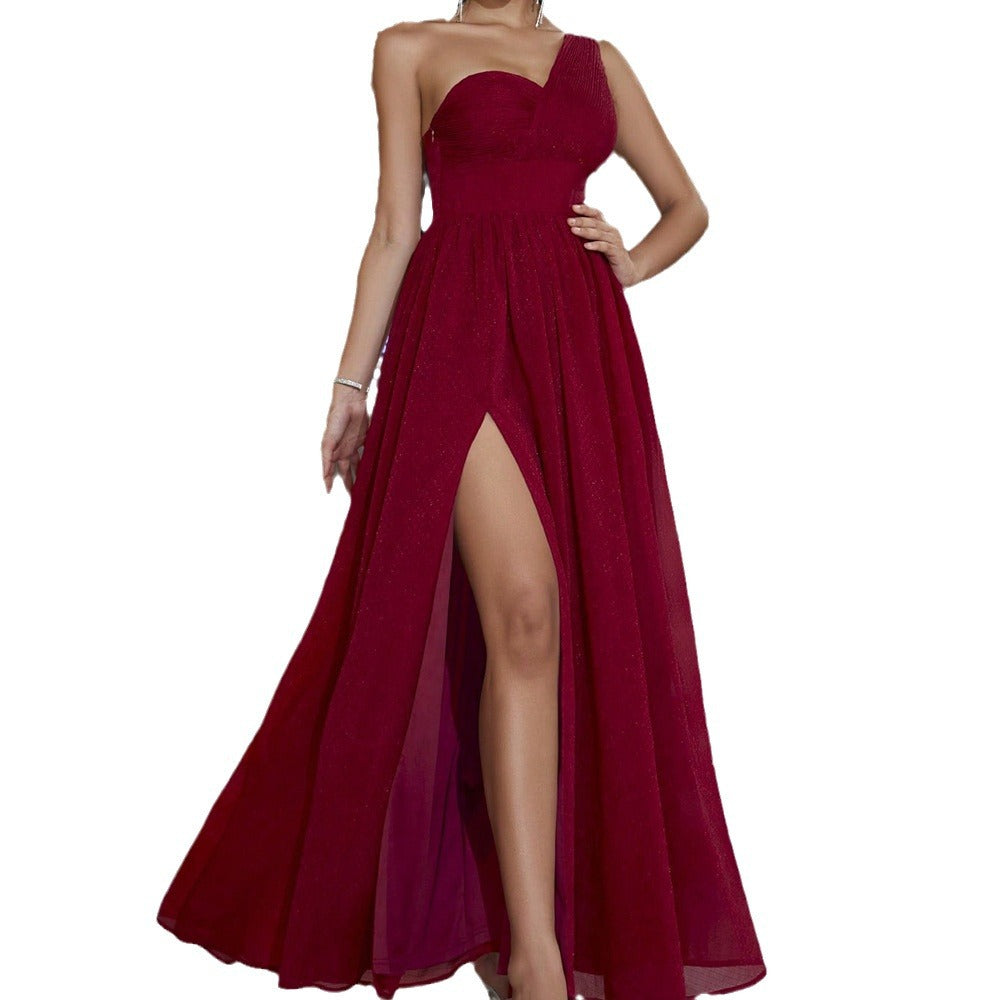 Autumn Winter Elegant Dress One Shoulder Slim-Fit Pleated Party Banquet